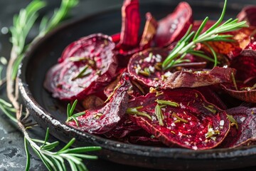 Beetroot chips with rosemary and herbs baked delicately