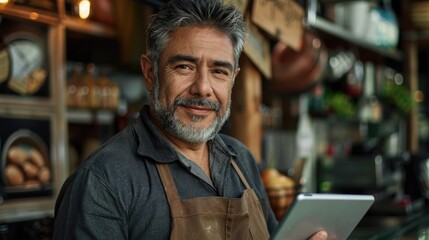 Obraz premium Man with tablet in apron