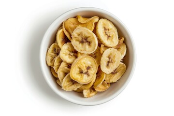 Bird s eye view of banana chips in a white bowl on white background with clipping path