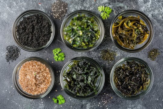 Bird s eye view of various dried seaweed types nori kelp dulse wakame alaria and agar agar