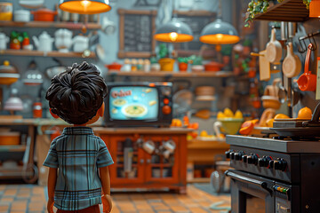 Fototapeta premium Spirited Chef Hosting a Vibrant Cooking Show for Kids, Interacting With a Live Audience Amidst Cartoon-Style Culinary Props