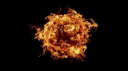 Abstract fiery sphere image with intense orange flames against a black background. High-resolution digital art featuring burning energy. Ideal for wallpaper or thematic backgrounds. AI.