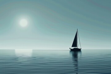 Obraz premium A minimalist silhouette of a sailboat sailing on calm ocean waters at sunset. Generative AI