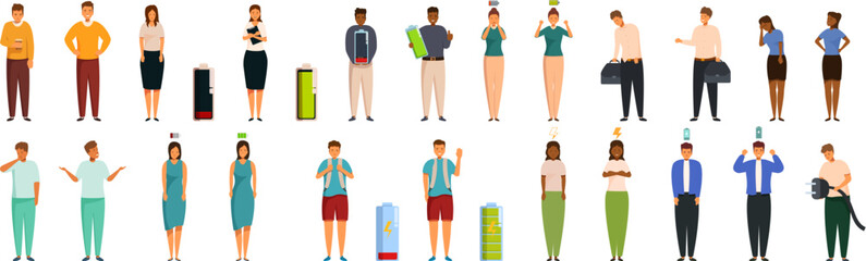 Recharge human icons set. People feeling good and bad with full and empty battery icon representing level of energy and fatigue © nsit0108