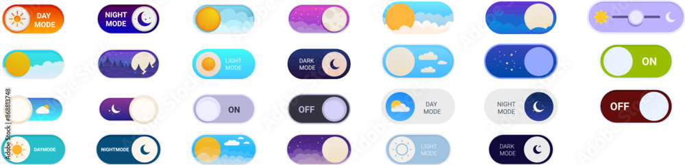 Poster night day mode icons set. collection of on off switcher buttons showing dark mode and light mode for