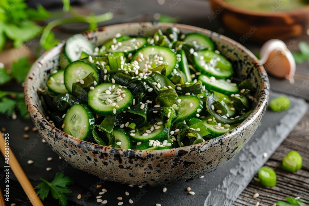 Canvas Prints Vegetable salad with cucumbers sesame seeds and seaweeds topped with garlic Raw vegan and paleo dish