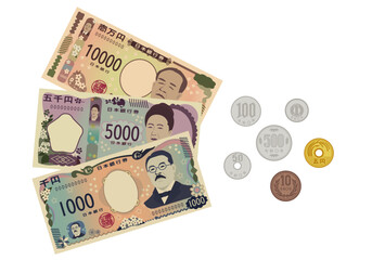 日本のお金（紙幣と硬貨）Japanese Yen Money Illustration