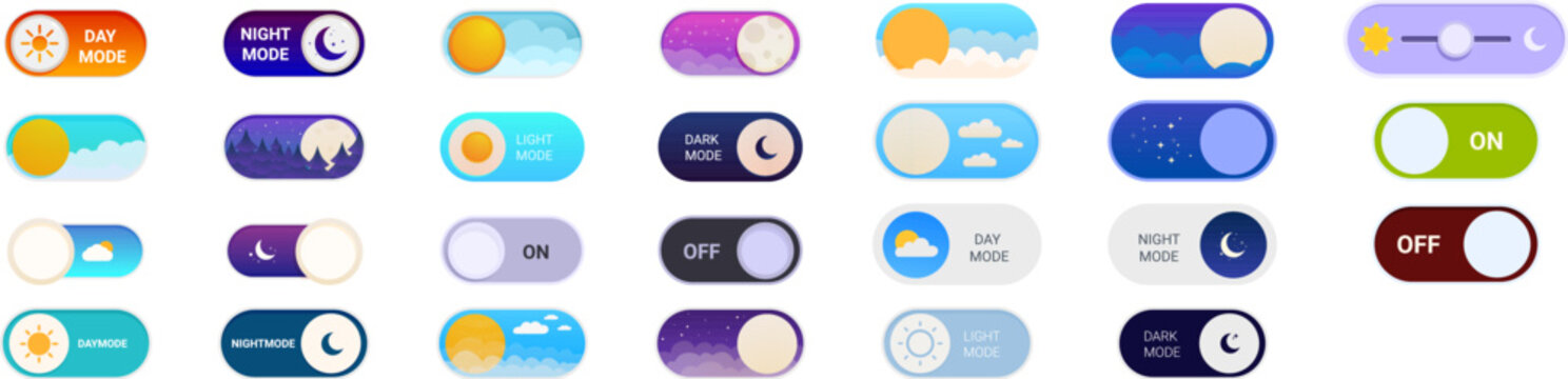 Night day mode icons set. Collection of on off switcher buttons showing dark mode and light mode for website and mobile app