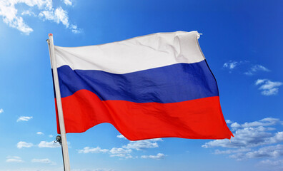 Russia flag over blue sky background , flag symbols of Russia.