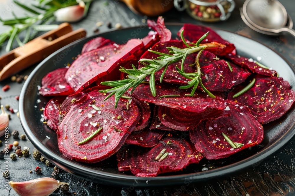 Poster Vertical view of homemade beet chips with rosemary and garlic on a plate on the table