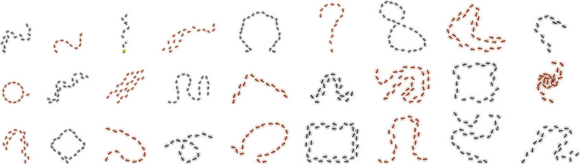 Fototapeta premium Ant trail icons set. Different shapes created by a colony of ants marching in a row