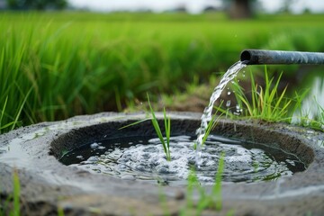 View of water flowing from pipe into concrete basin in rural Thai rice fields
