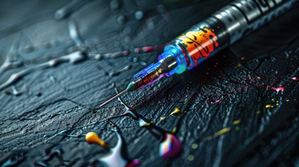 Colorful ink dripping from syringe on textured surface