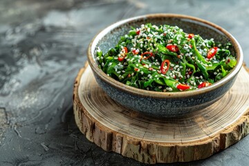 Wakame salad with sesame and chili on wooden plate