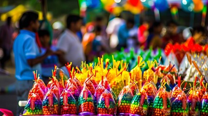 Obraz premium Vibrant candy-filled bags at colorful outdoor market, food and culture concept