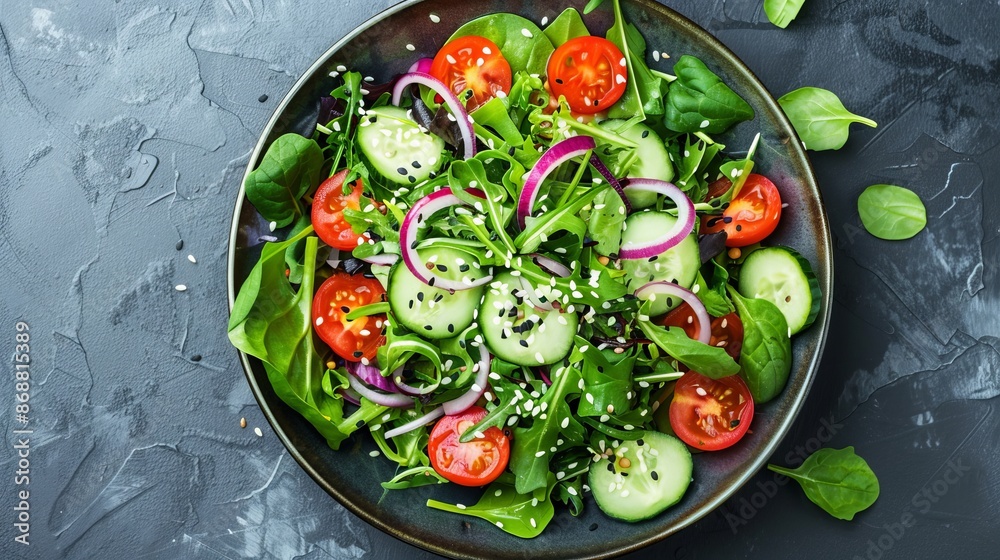 Poster Fresh mixed vegetable salad with tomatoes, cucumbers, red onions and lettuce leaves in a dark bowl. Healthy eating concept. Top view of a nutritious and colorful salad on dark background. AI