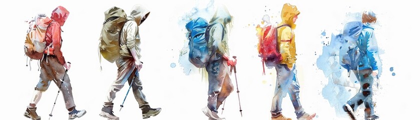 Watercolor hikers with backpacks, hiking, adventure and nature