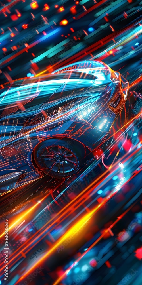 Canvas Prints cybernetic car with bright orange and blue light streaks, displaying advanced digital patterns and f
