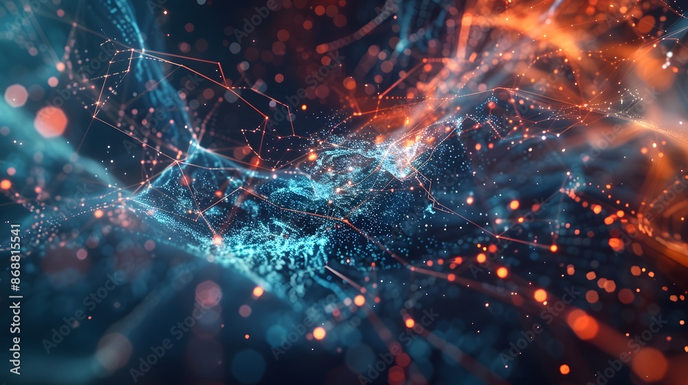 Canvas Prints abstract digital network with intricate blue and orange light nodes, forming a complex web of connec