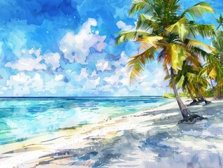 Obraz premium Watercolor tropical beach with palms, tropical destinations, relaxation and beauty