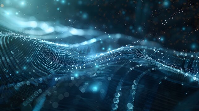 Abstract Wavy Digital Surface with Blue Light Nodes on Dark Background, featuring intricate patterns and glowing points to represent technological data flow
