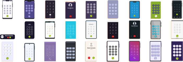 dial screen icons set. Various mobile phone screens are displaying an incoming call on a white background © nsit0108