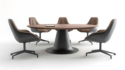 Fototapeta premium Sleek Round Office Meeting Table with Five Beige and Black Swivel Chairs Isolated on White Background