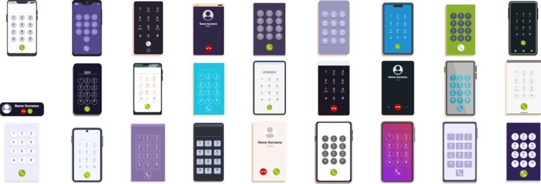 dial screen icons set. Various mobile phone screens are displaying an incoming call on a white background