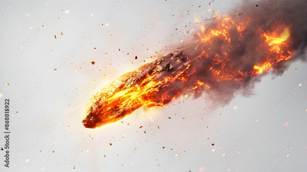 Canvas Prints glowing meteorite with fiery trail and debris isolated on white background