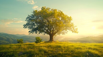 Fototapeta premium Solitary tree in a meadow at sunrise creating a serene scene. This image is ideal for nature, landscape photography, and peace. Beautifully captures the essence of tranquility and calmness. AI