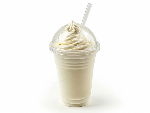 Clear plastic cup filled with vanilla milkshake and a lid, isolated on a white background, studio lighting to emphasize the creamy texture and inviting look