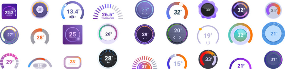Thermostat ui icons set. Set of round temperature control panels showing different degrees celsius for web design