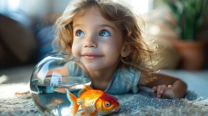 A child with wavy blonde hair beams with delight as they observe a goldfish in a bowl, embodying the joy of discovery and the pure essence of childhood curiosity.