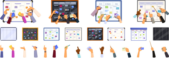 Scrum board icons set. Project managers writing on scrum task board, agile team working, software development planning icons set