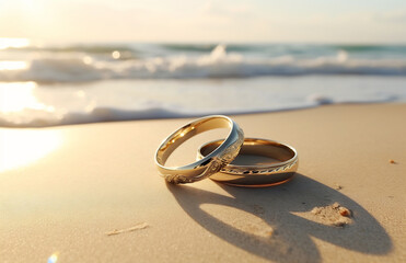 Two wedding rings on beach sand