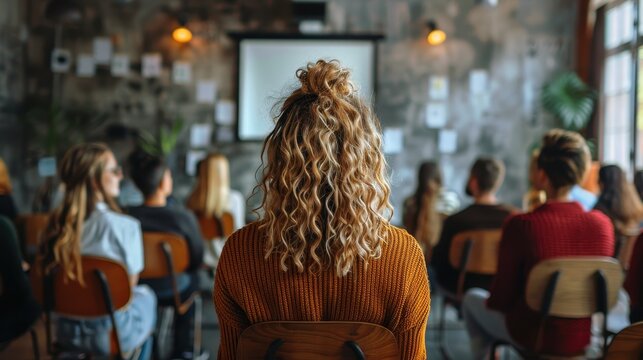 A dynamic image showing the back view of a woman with curly hair in a classroom setting, emphasizing the theme of education, focus, and the interactive nature of learning environments.