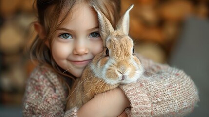 A young girl with a knitted sweater cuddles her pet rabbit, wearing a warm smile and creating a scene filled with affection, happiness, and childhood joy.