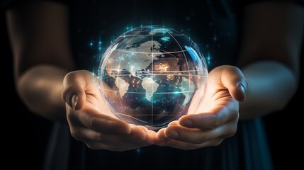 Pair of hands holding a transparent globe with digital connections and nodes superimposed over it, representing a network, global communication