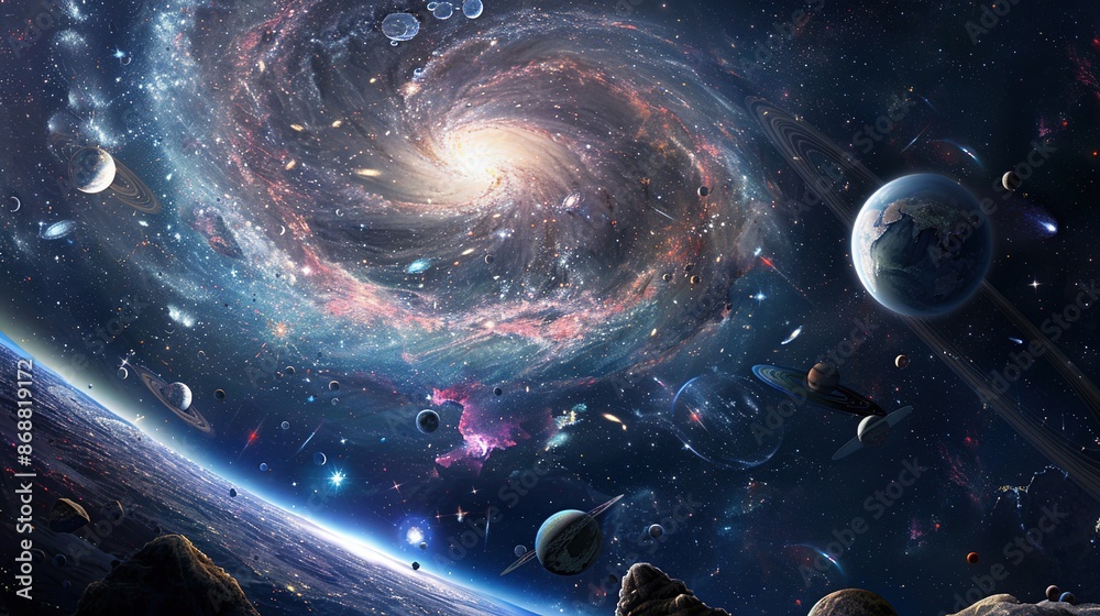 Poster Space wallpaper banner background. Stunning view of a cosmic galaxy with planets and space objects