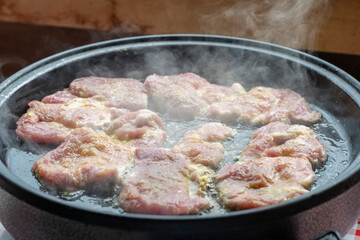 Frying or stewing pork, beef, veal in a special pan. Summer kitchen in the countryside.