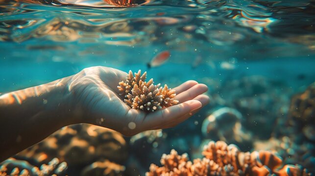 A hand lovingly restoring coral reefs through underwater gardening