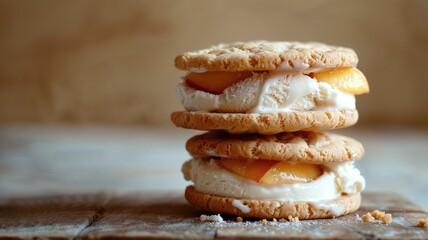 Two stacked ice cream sandwiches with peach slices between cookies
