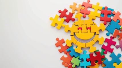 Colorful puzzle pieces forming smiling face against white background