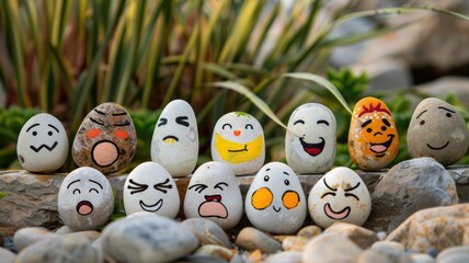 Painted stones with various facial expressions on and natural background