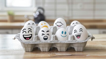 Carton of eggs with various playful, drawn-on faces in kitchen setting