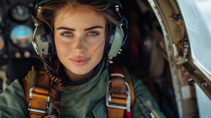 An assertive female aviator clad in aviation gear, including a headset, sits confidently in the cockpit of an airplane, with the cockpit controls in sight, illustrating competence and courage.