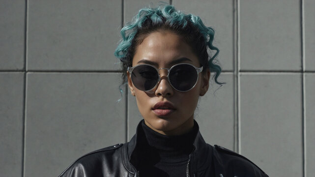 A woman with blue hair and sunglasses stands in front of a gray wall
