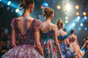 Women models display various outfits on a catwalk at a fashion event showcasing new clothing collection