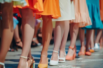 Women models showcase summer dresses in a fashion show New clothing collection displayed on catwalk Only legs and shoes visible