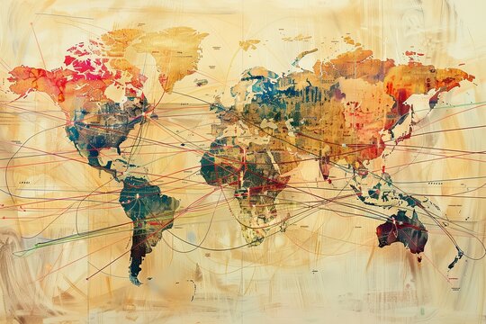 Fototapeta A stylized world map with intricate lines representing transportation routes connecting continents and countries. Generative AI